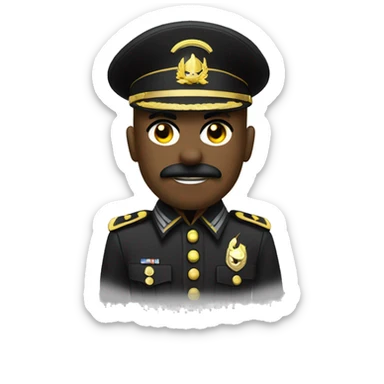 a soldier with a black helmet featuring a yellow lightning bolt insignia. The soldier has a sharp, angular face with a mustache, wearing a dark military uniform with epaulets on the shoulders, with witeskin, dark eyes sticker