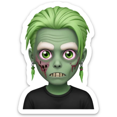 Zombie boy, green skin, white dreads medium long, pink eyes, black tshirt sticker