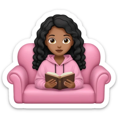 Una chica linda de cabello negro con ondas hasta los hombros de piel blanca con una sudadera rosa en un sofá cómodo y hermoso leyendo la biblia sticker