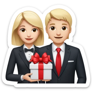 "Emoji of a young attractive blonde woman receiving a new car with a big red bow as a gift from a man dressed as a businessman in a suit." sticker
