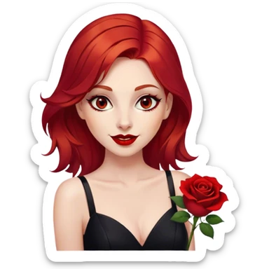 a beautiful woman with red hair and red eyes. The woman wear a black little cutted dress. She have red lipstick and she have a seductive look and smile. She have a rose flower in her hair sticker
