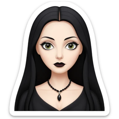 Create a realistic portrait of Morticia Addams with long black hair, elegant black dress & sharp gaze. sticker
