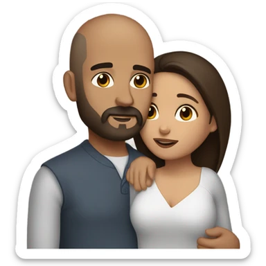Comforting hug from brunette Puerto Rican with dark brown eyes to short, bald man with brown eyes and a beard sticker