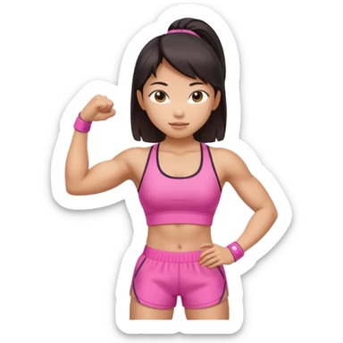 Athletic Asian girl show biceps wearing pink sticker