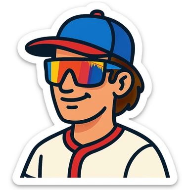 vibrant toon style baseball guy with brown hair, no beard, baseball cap, and Pit Viper sunglasses sticker