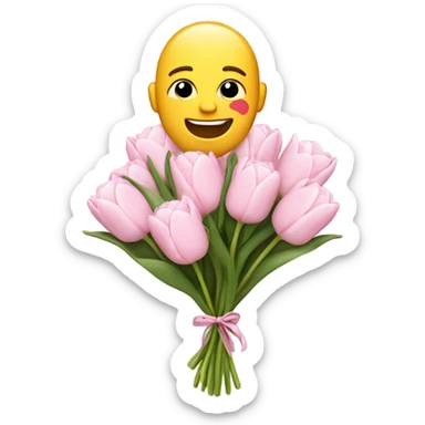 emoji with big smile holding a bouquet of white tulips and pink flowers sticker