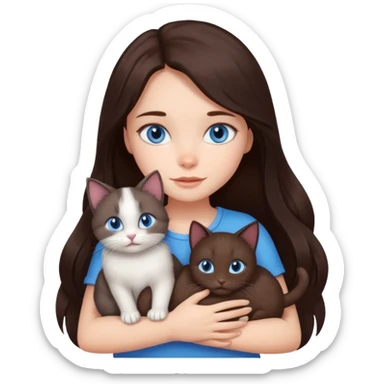 a pretty girl with long dark 
brown hair, with blue eyes, hugs 3 different natural coloured small cats sticker