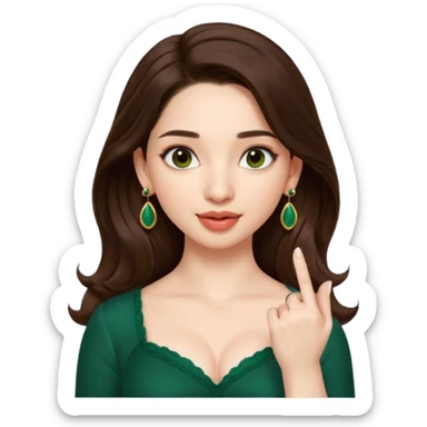 pretty bratz genmoji that looks like tamannah bhatia (bollywood actress), wearing a dark green sweetheart neckline top, dark brown hair, light makeup, no necklace, dangly earrings, SIDE hair part, fair. dark brown eyes, long hair

Show her licking her finger  sticker