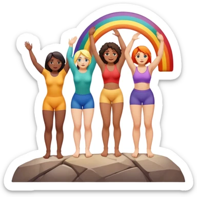 three women of different body types forming human chain, climbing rainbow-colored rock holds sticker
