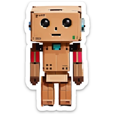 small cardboard robot named Danbo standing alone in a softly lit room, square head with two round black eyes and a small rectangular mouth, folded cardboard body, jointed arms and legs, warm wooden floor, soft shadows, cartoonish, clean lines, pastel colors, cozy and nostalgic atmosphere sticker