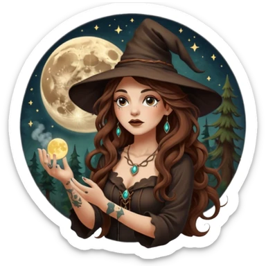 forest witch woman long wavy brown hair tattoos blowing moon dust sticker