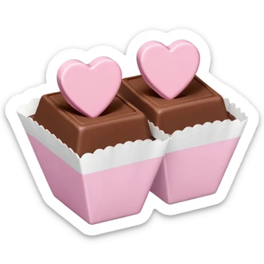 Two square milk chocolate , Each praline is a sharp-edged cube with smooth glossy chocolate coating, placed in a small white fluted paper candy cup. On top of each cube is a flat pastel pink heart-shaped icing sticker