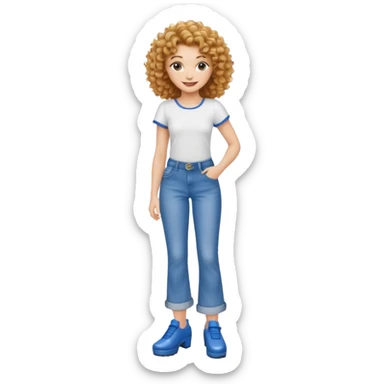 Meuf Cleane tête fine très très très belle cheveux bouclé haut blancs et jean bleu large avec des samba  sticker