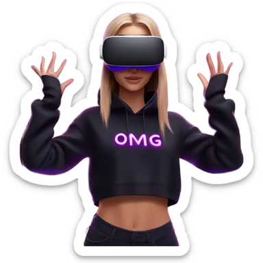Russian girl wearing black hoody with violet letters "OMG", in vr headset oculus quest2. Dancing. Cyberpunk style. Violet neon. sticker