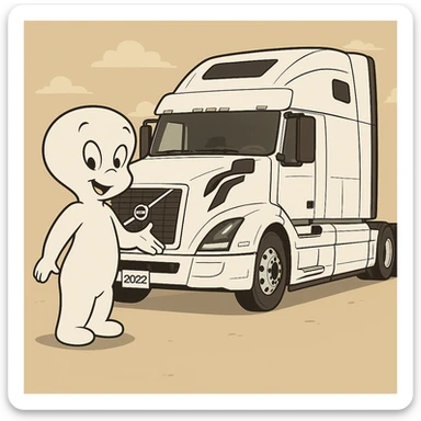 Change the semi truck to white, keep Casper the friendly ghost in cartoon style. sticker