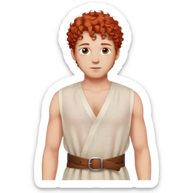 medieval summer outfit worn by a DnD themed fantasy male character. sheer sleeveless linen tunic with a simple neckline and a fabric belt. clothes only above the waist. The clothes full waist. The character's haven't arms. character is white-skinned, red hair, hazel eyes, short curly hair. sticker