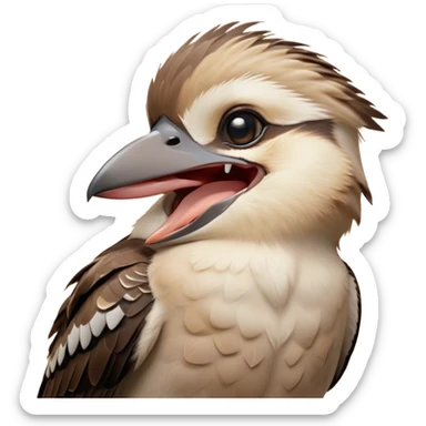 Cinematic Cute Yawning Kookaburra Portrait Emoji, Head tilted slightly with a dramatic, wide-open yawn, showcasing a soft, downy brown plumage with gently drooping wings and a relaxed beak, round eyes barely open in drowsy contentment, Simplified yet irresistibly adorable features, highly detailed, glowing with a soft, cozy glow, high shine, relaxed yet expressive, stylized with a touch of bushland charm, bright and endearing, soft glowing outline, capturing the essence of a sleepy yet affectionate kookaburra, so drowsy it feels like it could flutter out of the screen and curl up for a nap! sticker