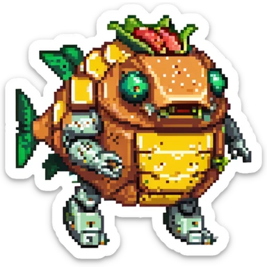 a cyborg robotic salmon who's torso is made from a filled crunchy taco, with lettuce salsa meat and cheese. he is fish taco bot man his face and head, tail, and fins are metallic robotic construction, he has a slit visor across his face where his eyes should be like cyclops sticker