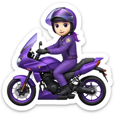 Créer un emoji avec une moto mt07 sport noir mate / violet iridescent très foncé, pare-brise de la moto violet. Avec une pilote dessus visière violet sombre visage caché . Avec fond arrière violet en arrière plan. sticker