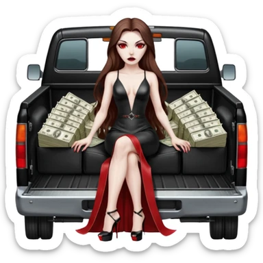 Lilith symbol red eye seductress evil long brown haired sexy succubus woman with leather long dress with slit on, sitting in Big Large F350 pickup truck. Platform long high heels on feet. Back seat full of stacks of cash, she is  Holding a human skull of her enemies and a gun in other hand sticker