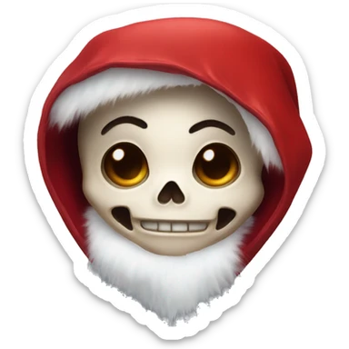 Cute, happy little skull wearing a red velvet hood with white fur trim. sticker