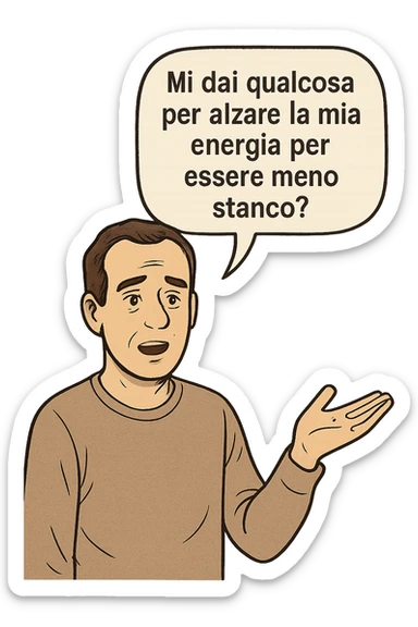 uomo che dice in una nuvoletta "mi dai qualcosa per alzare la mia energia per essere meno stanco?" sticker