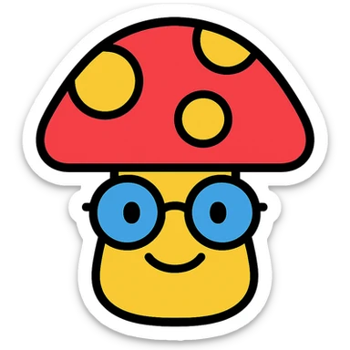 colorful icon of a mushroom with glasses and a smile sticker