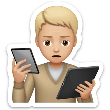 emoji holding and drawing on tablet, looking down at screen in frustration sticker