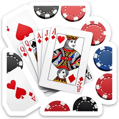 A photorealistic icon featuring playing cards, poker chips, and a deck of cards spread out on a table. Bright, detailed design with realistic textures and lighting. Transparent background, clearly symbolizing card games and strategy. sticker