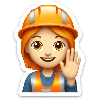a female construction worker with pale skin, an orange helmet, with a happy face and her hand is waving sticker