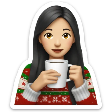 asian girl drinking coffee wearing Christmas sweater sticker