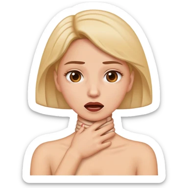 Woman holding neck while fake choking sticker