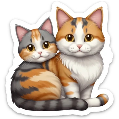 full body colourful light patched calico + white tabby cat cuddling a large dark grey and white tabby cat  sticker