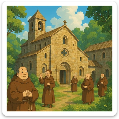 medieval monastery, ghibli style, stone monastery, friendly monks, surrounding nature, cozy atmosphere sticker
