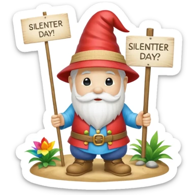 A zen rainbow garden gnome, holding a sign reading "Silent Letter Day, who's with me?” sticker
