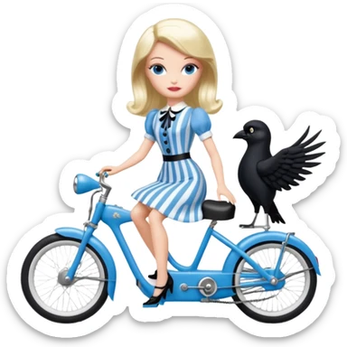 1920s coal hair hotrod Silkstone Marie Antoinette Barbie Wednesday Addams from academy in a blue and black vertically-striped classic dress. riding hot rod electric bikes with crows sticker