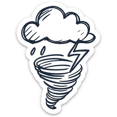 stormy weather with a tornado and lightning, hand drawn black outline icon, no fill, sketchy style sticker