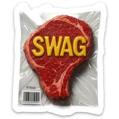 steak with gold lettering 'SWAG' on top, glossy and puffy vacuum-sealed style sticker