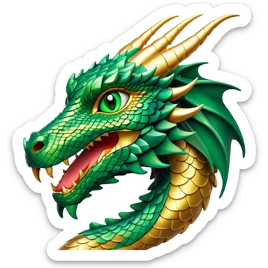 Cinematic Noble Dragon Portrait Emoji, Poised and majestic, with a sinuous, elongated body covered in intricately detailed, shimmering scales in hues of emerald and gold, and piercing, fiery eyes that reflect ancient wisdom; rendered with lifelike texture and natural highlights, high shine, intelligent and formidable, styled with an aura of mythic power, focused and attentive, soft glowing outline, capturing the essence of a legendary dragon that appears ready to soar out of the screen with timeless authority! sticker