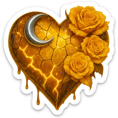 Edit the gothic heart to use fractured deep yellow glass, a silver crescent moon, yellow roses, iridescent holographic stardust, neon lightning bolts, and a wet, shiny finish. Keep the background transparent. The style should maintain the gothic heart's original aesthetic with these new elements. sticker