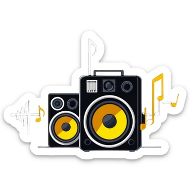 cartoon speaker with sound waves and musical notes sticker