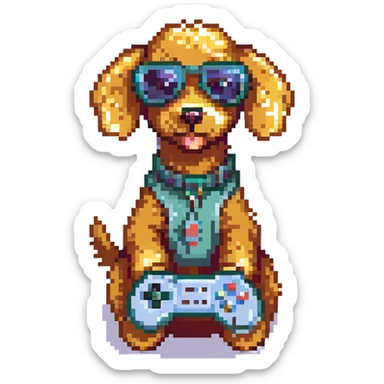 poodle dog with pixel sunglasses holding a joystick, retro gaming vibe sticker