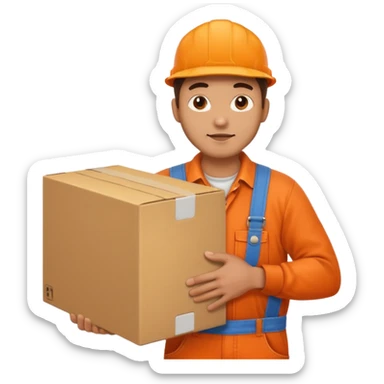 man orange overalls carrying a large box sticker