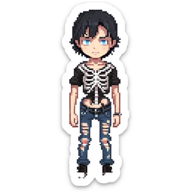 black-haired, blue-eyed boy wearing a black skeleton top and ripped black jeans sticker
