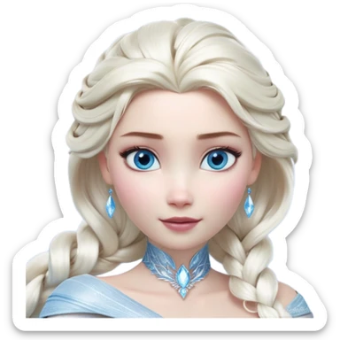 Cinematic Realistic Elsa Portrait, depicted with lifelike skin texture, soft natural lighting, and intricately detailed platinum blonde hair styled elegantly. Her striking, expressive blue eyes exude confidence and grace, complemented by a serene and regal expression. She is dressed in her signature icy attire, with shimmering fabric textures and delicate folds that catch the light beautifully. The portrait features a soft, enchanting glow with a cool, radiant finish, capturing the essence of timeless elegance in a realistic and painterly style, evoking a sense of depth and authenticity. sticker