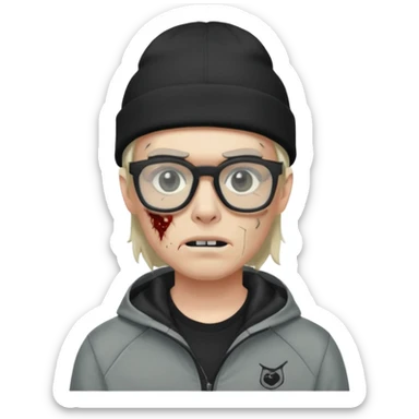 Hazme un zombie con gafas cuadradas y el marco negro y un gorro negro y un saco Nike tech gris sticker