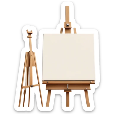 Cinematic Realistic image of a pristine canvas mounted on a sturdy wooden easel, with the canvas’ smooth surface and the easel’s detailed grain rendered in soft natural light, evoking a quiet moment of creative anticipation sticker