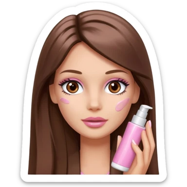 Barbie girl a brown long Straight hair and brown eyes is In pale pink smears by hand cosmetic cream on her face sticker