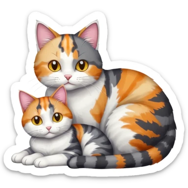 full body colourful light patched calico + white tabby cat cuddling a big dark grey and white tabby cat  sticker