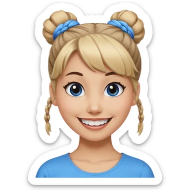 Now tied up her hair in a half-bun ,the on her head is black, while her bang is blue. Bigger eyes and brighter smile, show teeth while smiling sticker